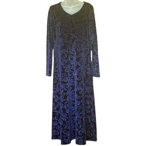Navy Blue Velvet Burnout Maxi Dress XL Long Sleeve Y2K Gothic Romance Fall